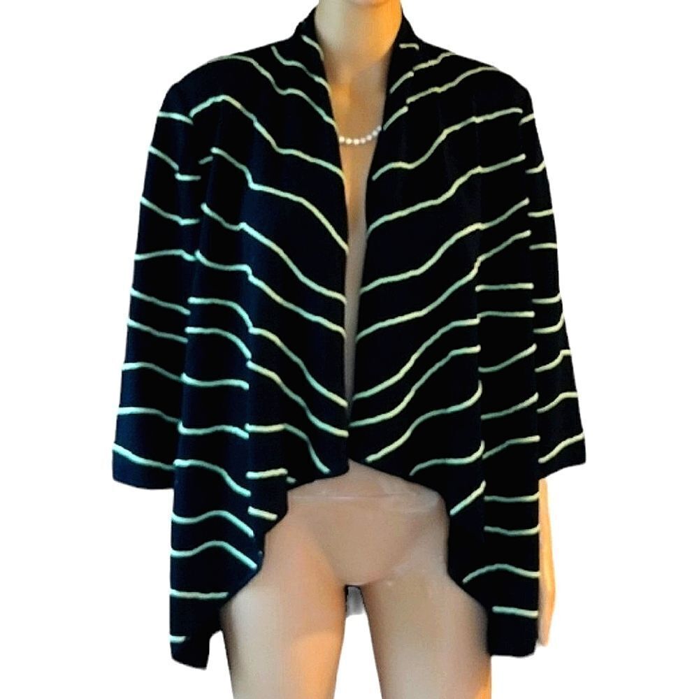 Ming Wang Women's Size Medium Snap Button Lime Green Striped Cardigan Wrap Top